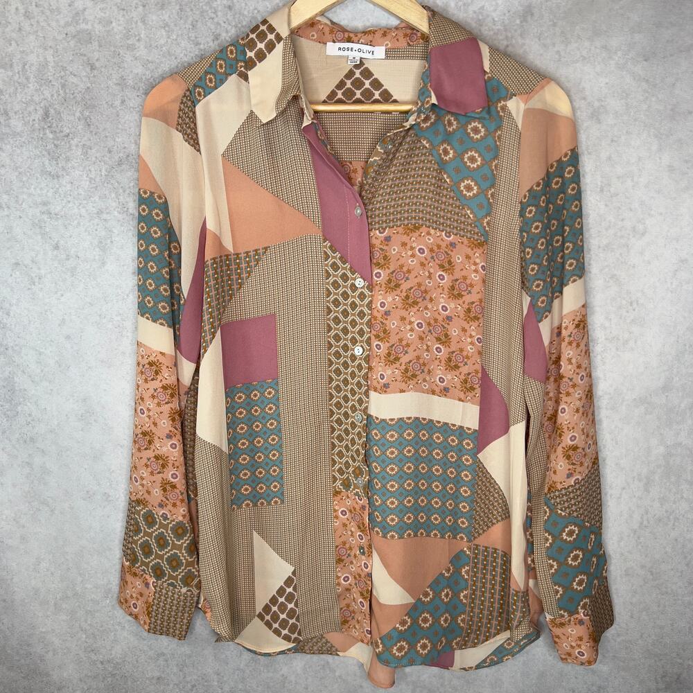 Patchwork Print Chiffon Long-sleeve Office Top Size Medium